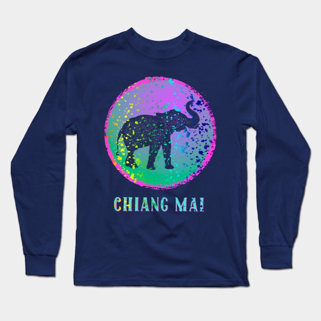 Chiang Mai Thailand Colorful Elephant Splatter Design Souvenir Long Sleeve T-Shirt by Pine Hill Goods